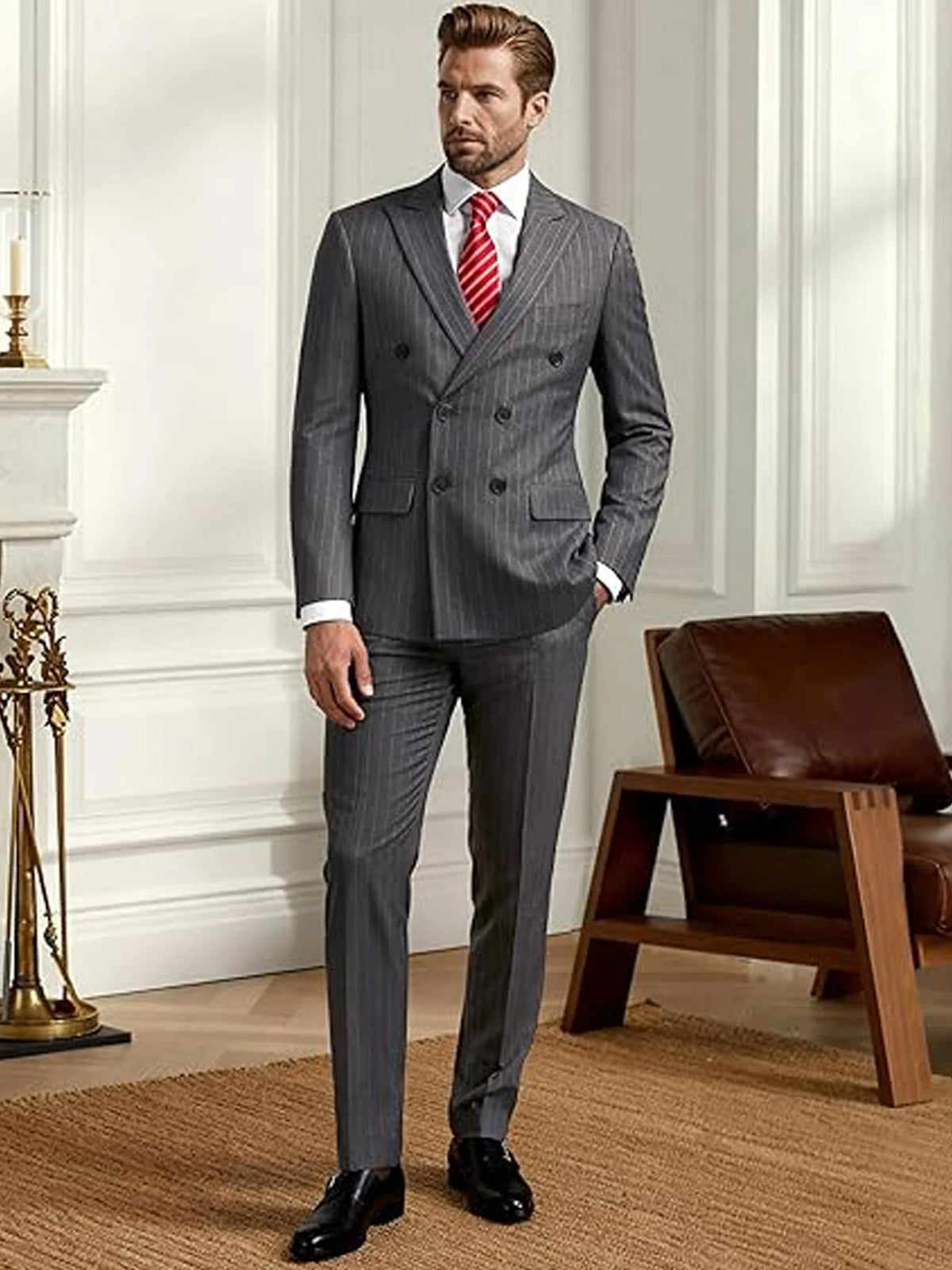Men's Slim Fit Double Breasted Striped Suit – 2 Piece Blazer and Pants for Weddings and Formal Occasions