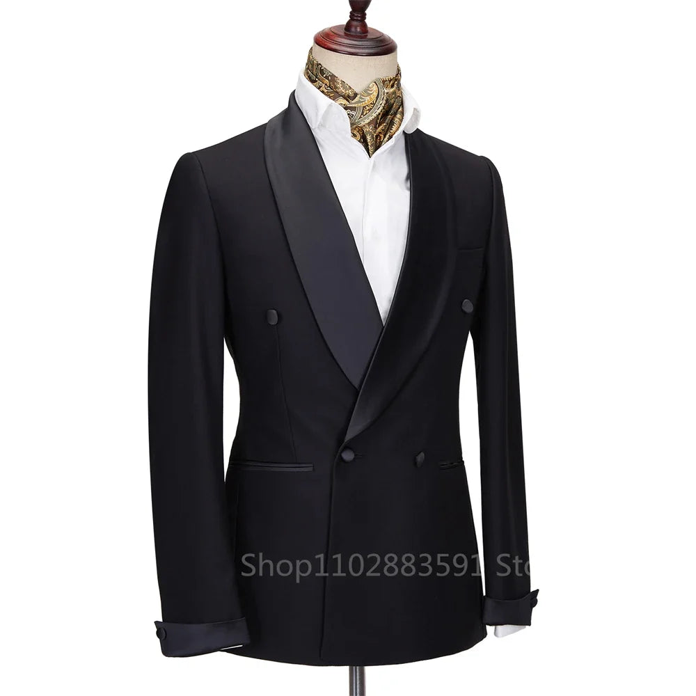 New 2024 Men Suit Black Satin Lapel Tuxedo 2 Pieces Double Breasted Wedding Shawl Lapel Party Costume Groom Male Wear