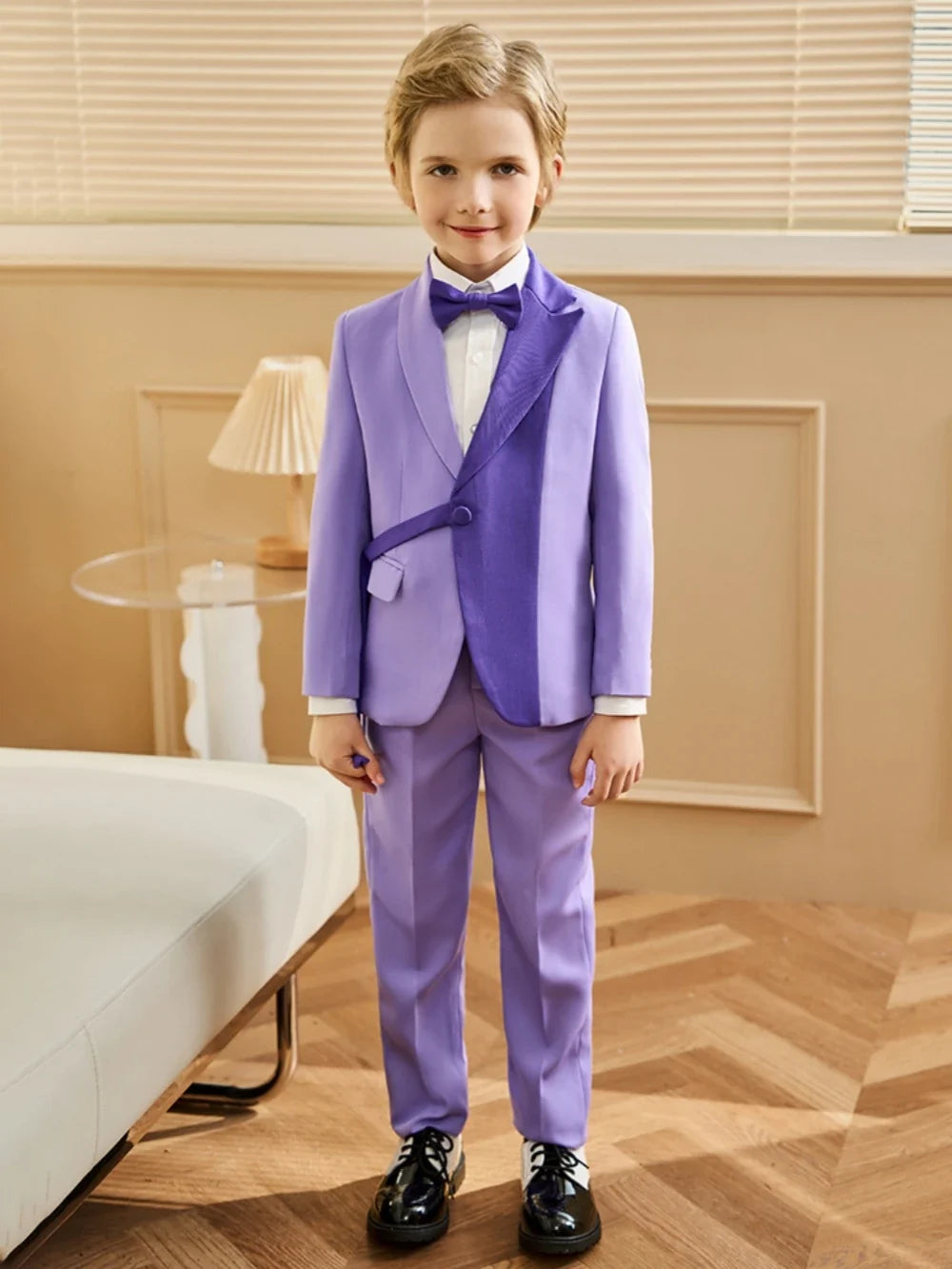 Txjojn Stylish Purple Kids Tuxedo 3 Pieces Blazer Pants With Bow-tie Dancing Wear Handsome Boys Full Sleeve Suits For Party