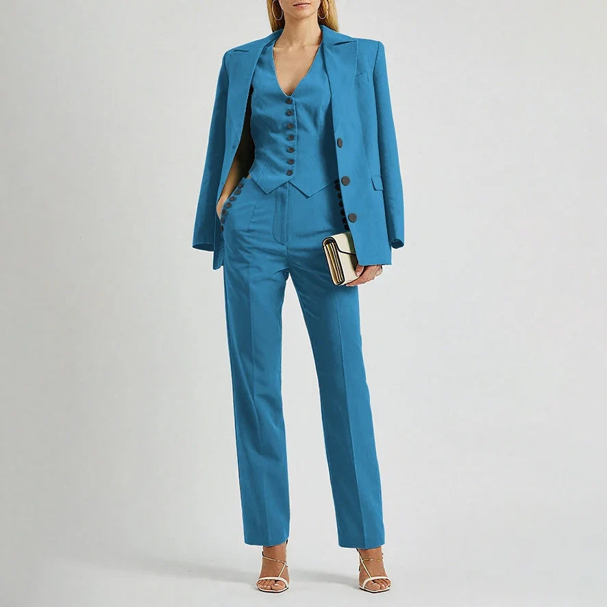 Slate Green Women's Suit Customized Elegant Single-breasted Peaked Lapel Three Pieces (Jacket+Pants+Vest) Office Lady Set