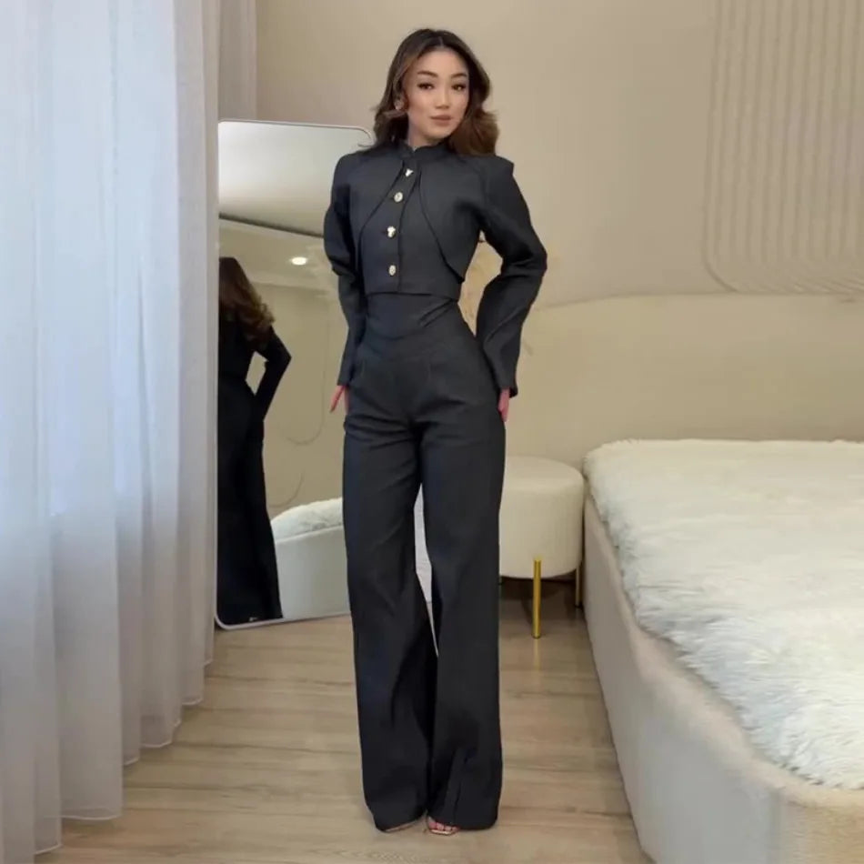 Casual Denim Pants Suits Women Slim Short Sleeves Stand Collar Waist-cinching Tops Wide-leg Trousers 2026 New Lady Spring Outfit