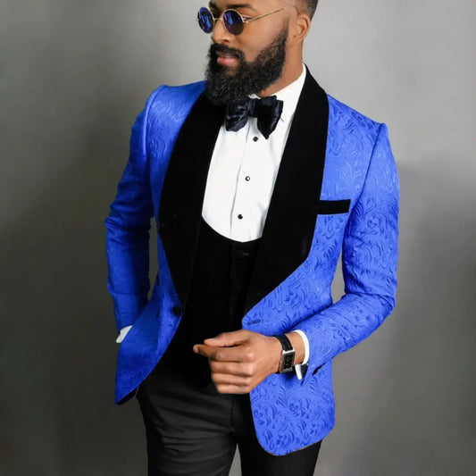 Men Suit Royal Blue 2 Pieces Floral Pattern Black Lapel For Wedding Birthday Banquet Party Business Work Jacket With Black Pants