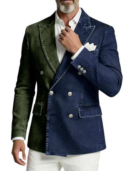 Men Spliced Denim Jacket Peak Lapel Double Breasted Slim Fit Casual Blazer Outing Date Night Trendy Party Fashion Costume Homme