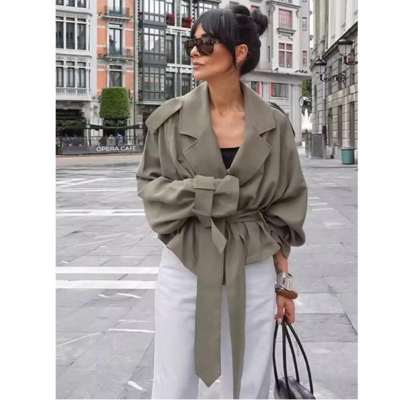 Solid Lapel Lace Up Jacket Elegant Chic Full Sleeve Button Loose Long Coat Women Office Lady Daily Commute Overcoat Windbreaker