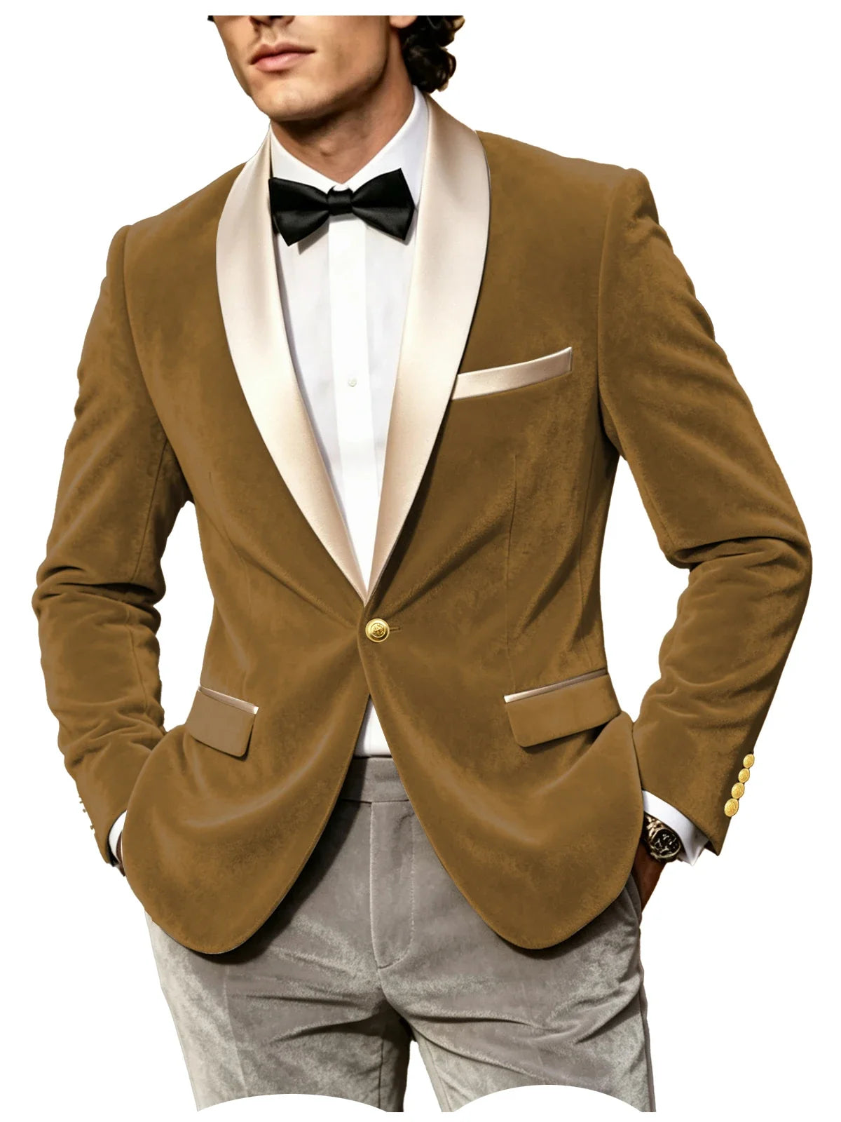 Men Velvet Tuxedo Jacket Champagne Satin Shawl Lapel Slim Fit Blazer Wedding Groom Party Prom Formal Western Dinner Suit Coat