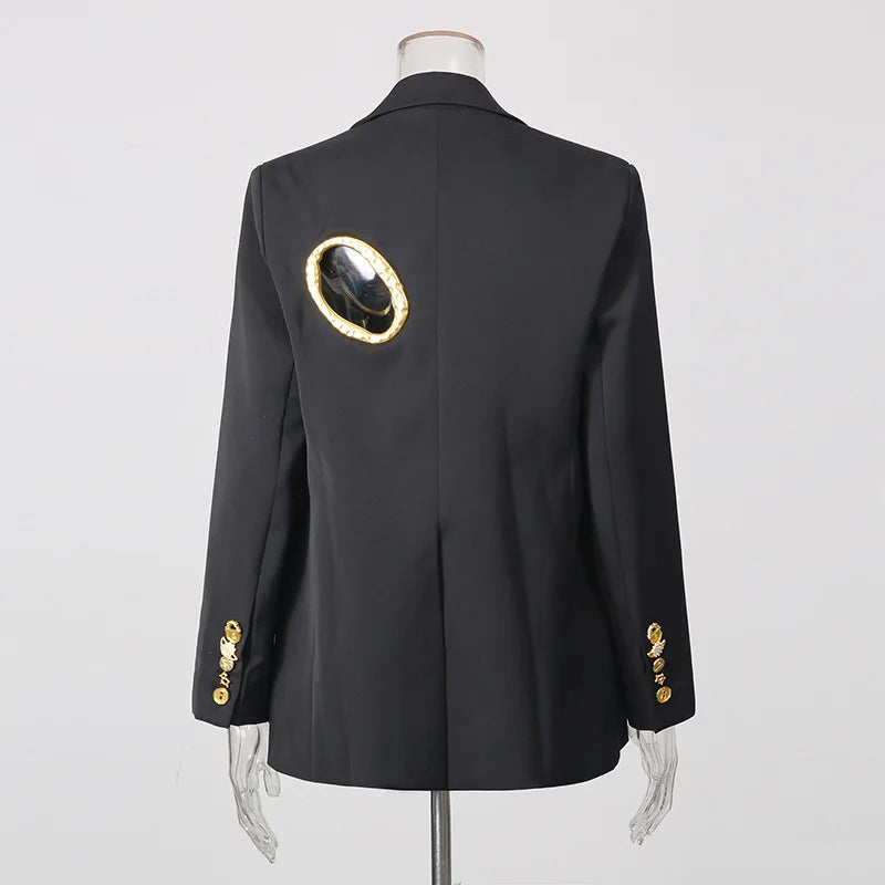 Women Blazer Elegant Fashion Metal Hollow Out Design Long Sleeve Loose Versatile Trendy Suit-Coat Spring Autumn New HK26606