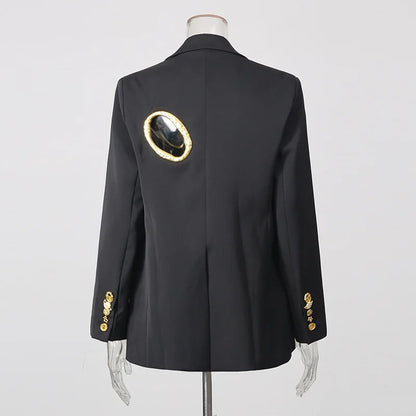 Women Blazer Elegant Fashion Metal Hollow Out Design Long Sleeve Loose Versatile Trendy Suit-Coat Spring Autumn New HK26606