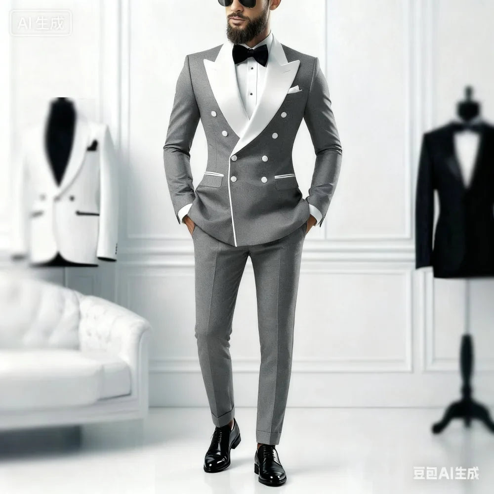 Ensemble décontracté 2 pièces pour homme avec blazer à revers blanc et pantalon noir Costume de mariage pour témoins pour cérémonie et fête