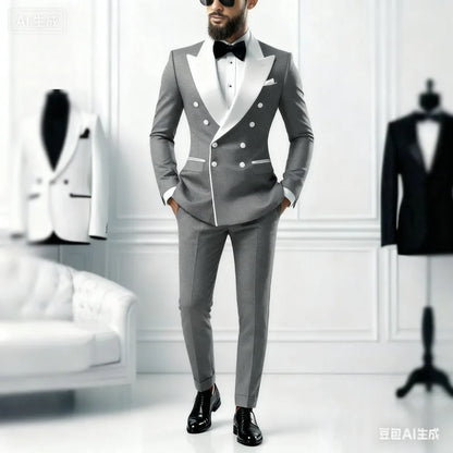 Ensemble décontracté 2 pièces pour homme avec blazer à revers blanc et pantalon noir Costume de mariage pour témoins pour cérémonie et fête