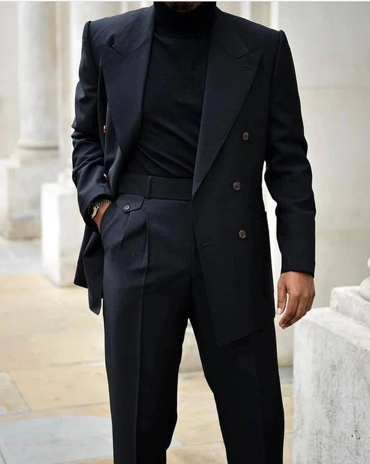 Black Double Breasted Peak Lapel Slim Fit Groom Blazer 2 Pieces Men's Wedding Suits Costume Homme Masculino Terno (Jacket+Pant)