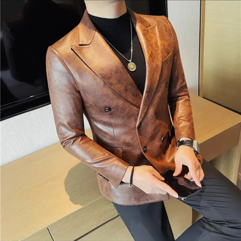 Brand Retro Leather Suit Jacket Men British Style Double Breasted Casual Business Blazers Wedding Groom Party Banquet Jackets