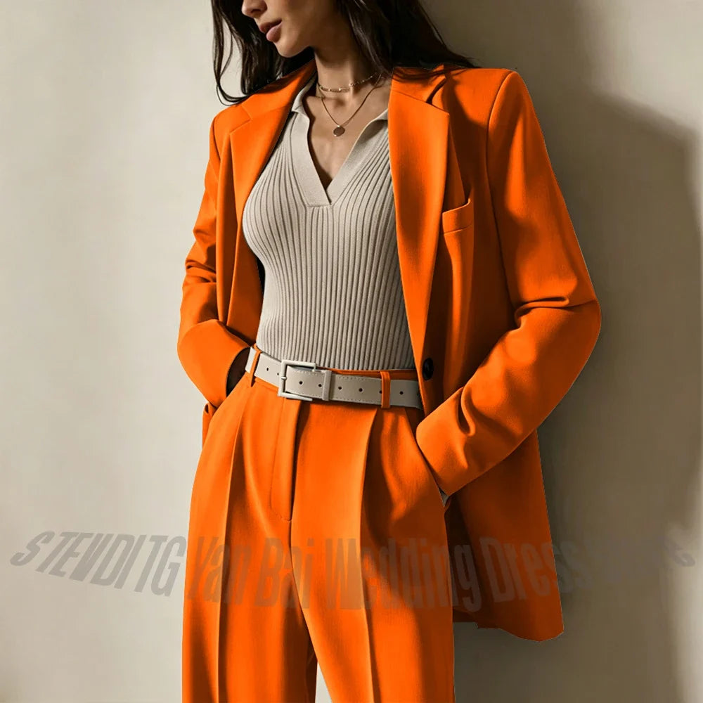 Dusty Blue Women Suits Casual Loose Single Breasted Blazer Pants 2 Piece Minimalist Fashion Office Daily Wear Outfit Set
