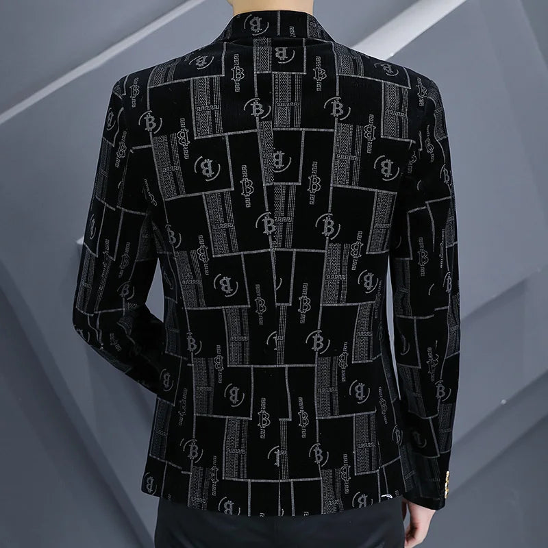 Autumn Luxury Corduroy Suit Jacket for Men Letter Printed Casual Business Men Blazers Slim Fit Social Banquet Party Dress Coats