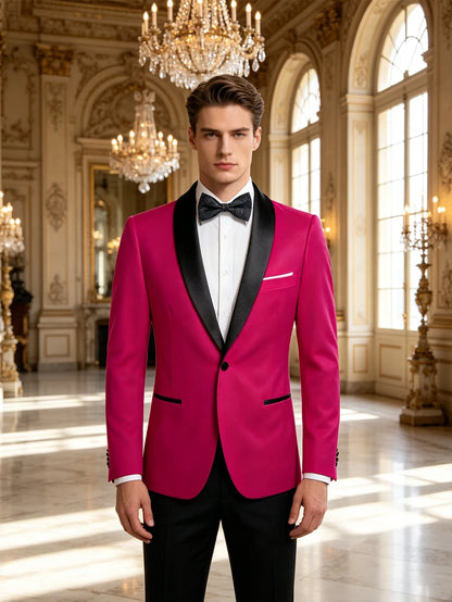 Fuchsia Solid Mens Tuxedo Blazer, Black Satin Shawl Lapel Single Button Slim Jacket for Wedding Banquet Stage Party