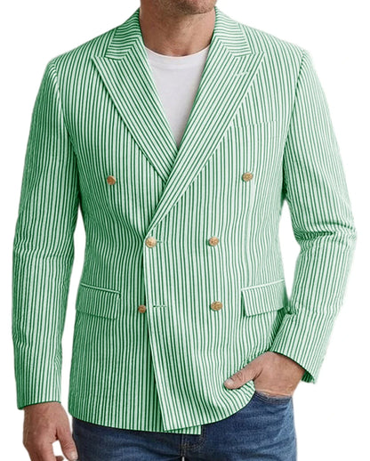 Vintage Men's Striped Double Breasted Blazer Casual Business Suit Jacket Lightweight Notched Lapel Sport Coat Wedding Party Wear