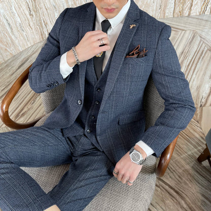 Ensemble costume trois pièces à carreaux modifié de haute qualité de style coréen britannique pour hommes - Gilet et pantalon de costume décontracté élégant