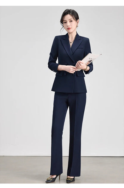Elegant Chic Business Formal Blazer Suit Pants 2 Piece Matching Sets Women 2026 Autumn Office Lady Outfit Blue Work Wear