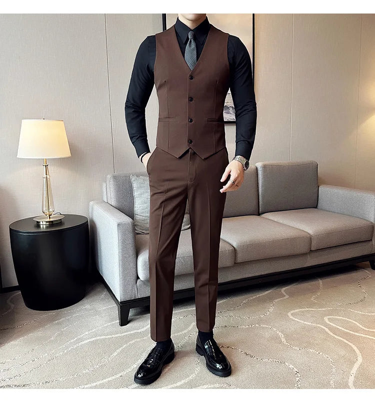 (Jackets +Pants ) Men's Suits 2 Piece High-Quality Double Breasted Lapel Solid Business Groom Wedding Tuxedo Banquet Clothing