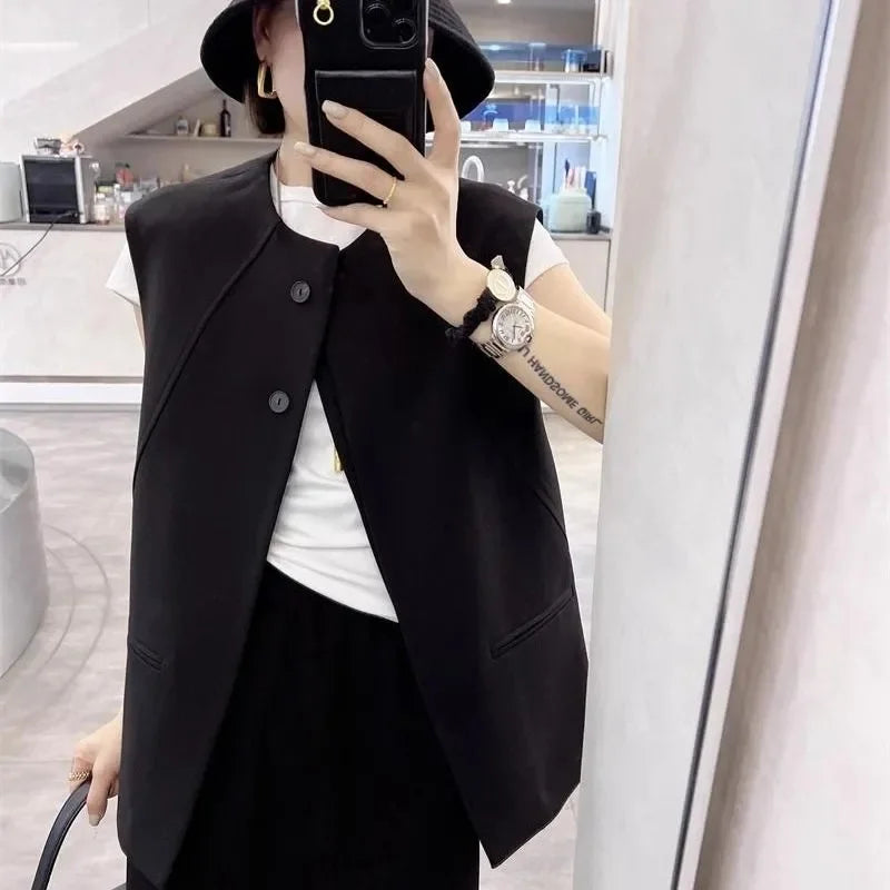 Ladies Solid Color Vest Top Outwear Korean Femme Casual Suit Collar Sleeveless Jacket Spring Women Fashion Loose Waistcoat Coat