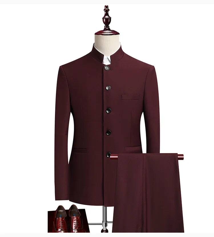Men's Smart Casual Suit Set – Mao Collar Slim Fit Blazer and Pants for Weddings and Business