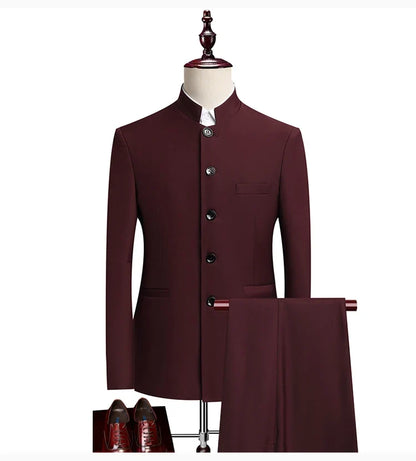 Men's Smart Casual Suit Set – Mao Collar Slim Fit Blazer and Pants for Weddings and Business