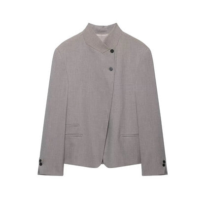 Elegant Women Solid Blazer Coat Spring Autumn Turtleneck Long Sleeve Single Breasted Straight Blazer Female Chic Suit Jacket
