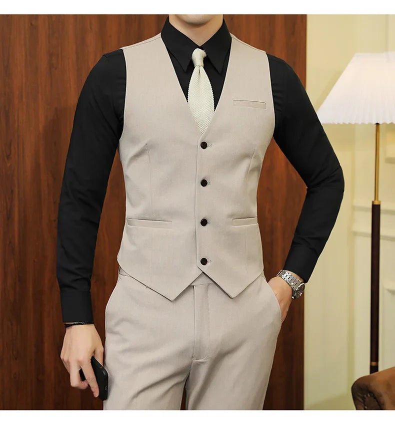 2025 Men's Wedding Suit Vest Trousers Set Fashionable Handsome Solid Color Groom's Three-Piece Outfit Available in Sizes M-7XL