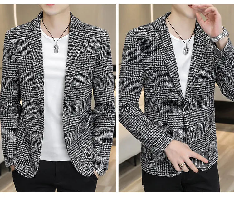 Men's Slim Fit Blazer Single Breasted Plaid Smart Casual Suit Jacket