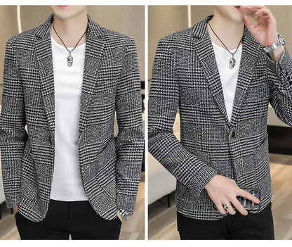 Men's Slim Fit Blazer Single Breasted Plaid Smart Casual Suit Jacket