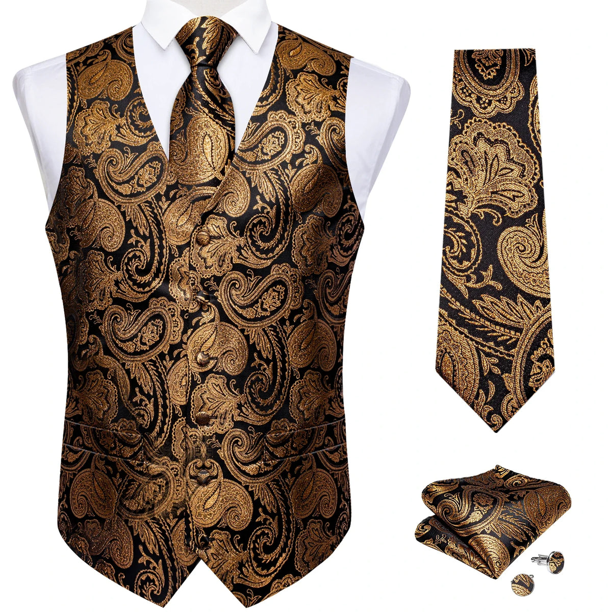 Men's Paisley Waistcoat Set – Single Breasted Formal Vest with Necktie and Pocket Square for Weddings and Business Events