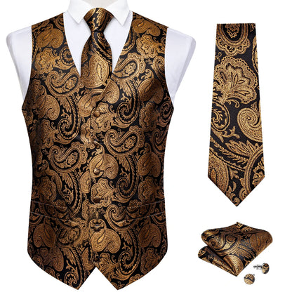 Men's Paisley Waistcoat Set – Single Breasted Formal Vest with Necktie and Pocket Square for Weddings and Business Events