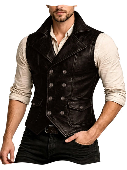 Men's Faux Leather Waistcoat Vintage Double Breasted Slim Fit Vest for Casual & Streetwear