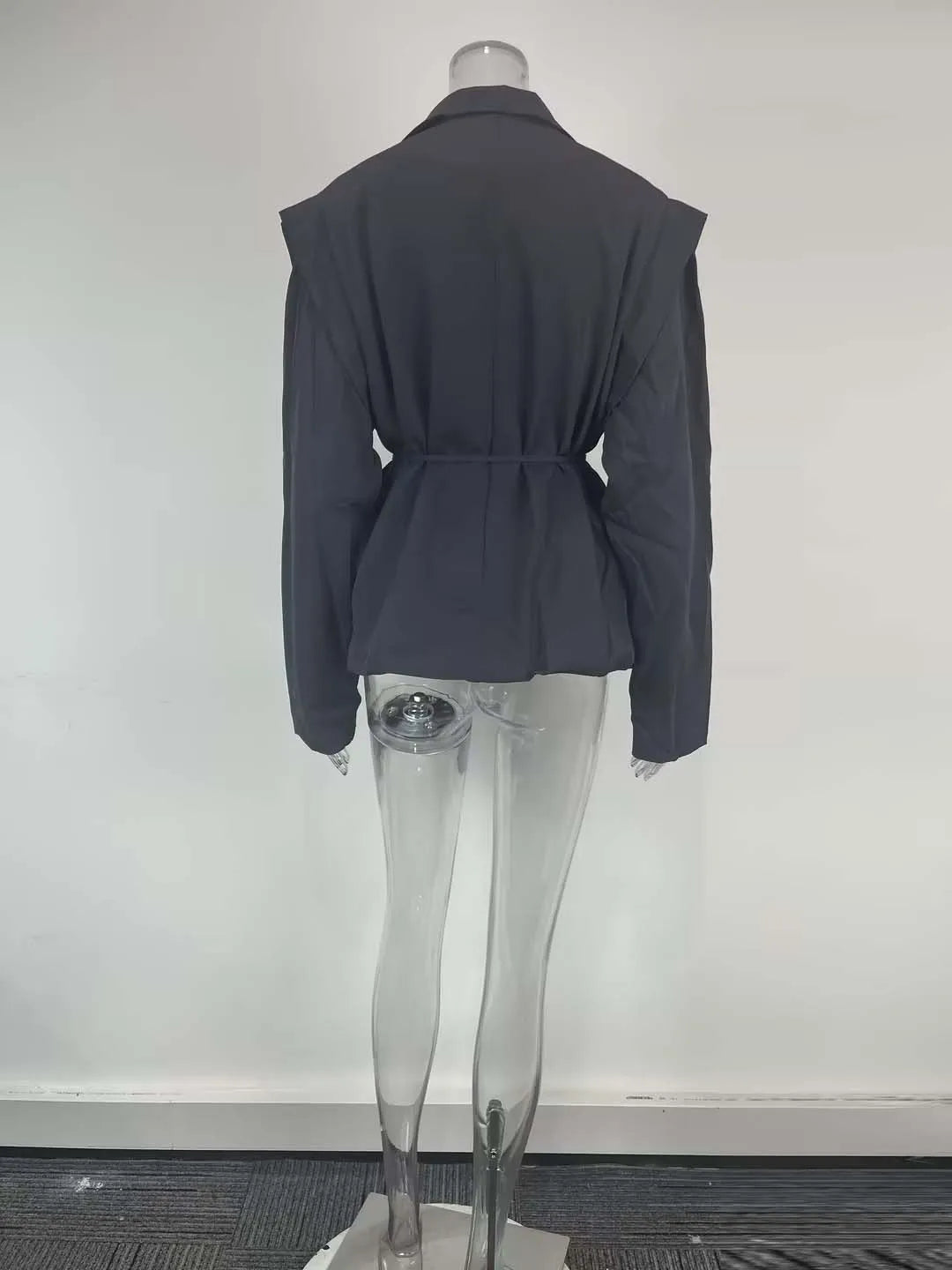 Spring Autumn Fashion Women's Pure Color Belted Shoulder Pad Suit Coat Commute Style Loose Fit Long Sleeve Regular Length