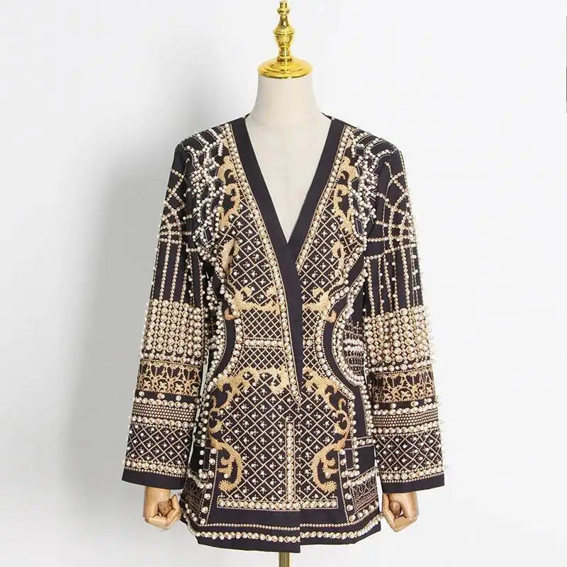 Autumn New Women's Elegant Fashion Luxury Heavy Craft Beaded Printed Coat Stylish V-neck Long Sleeve High-end Blazer HK8297