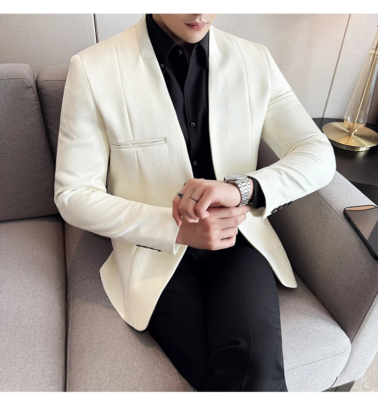 The New Chinese Style Collarless Suit Is Fashionable, Handsome and Versatile. It Is a Solid-Color Korean-Style Fitted and Fashio