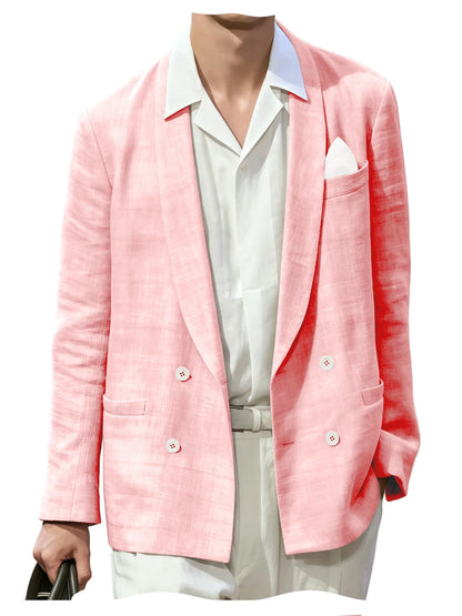 Summer Cotton Linen Blend Men Blazer Double Breasted Casual Suit Jacket Lightweight Soft Elegant Dress Coat For Prom Work Party