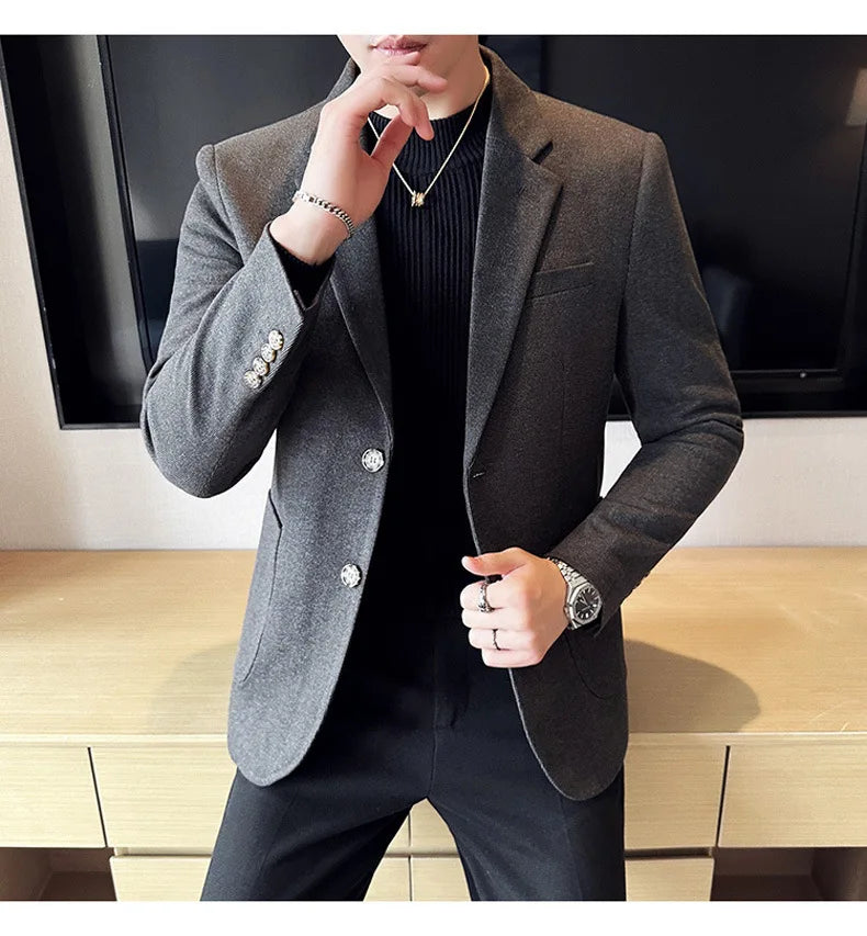 Autumn Winter New Woolen Slim Fit Suit Coat Men Fashion Casual Business Social Party Dress Men's Suit Jackets Tailcoats 4XL-M