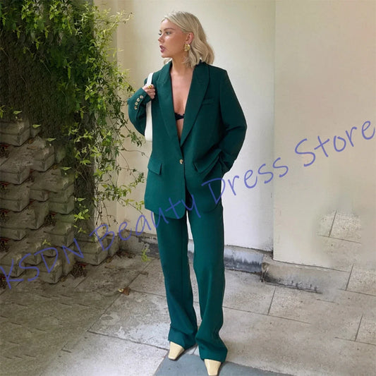 Trendy Dark Green Oversized Women's Blazer Set Loose Fit Two-Piece Single Button Pants Suit Casual Formal Daily Outfit