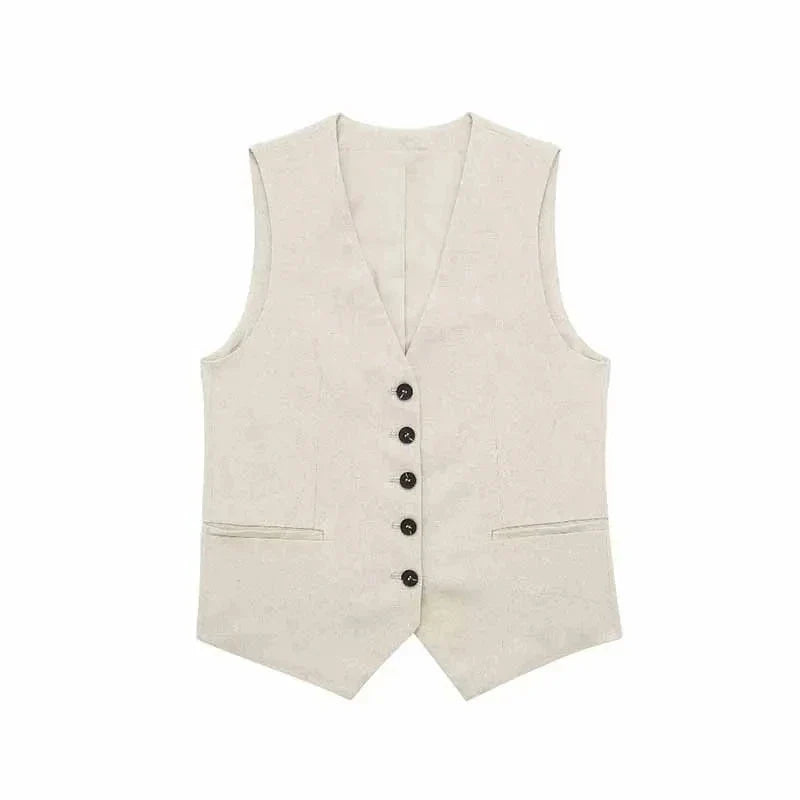 Summer Women Elegant Solid Single Breasted V Neck Casual Vest Top Female Fashion Office Lady Chic Outerwear Vest