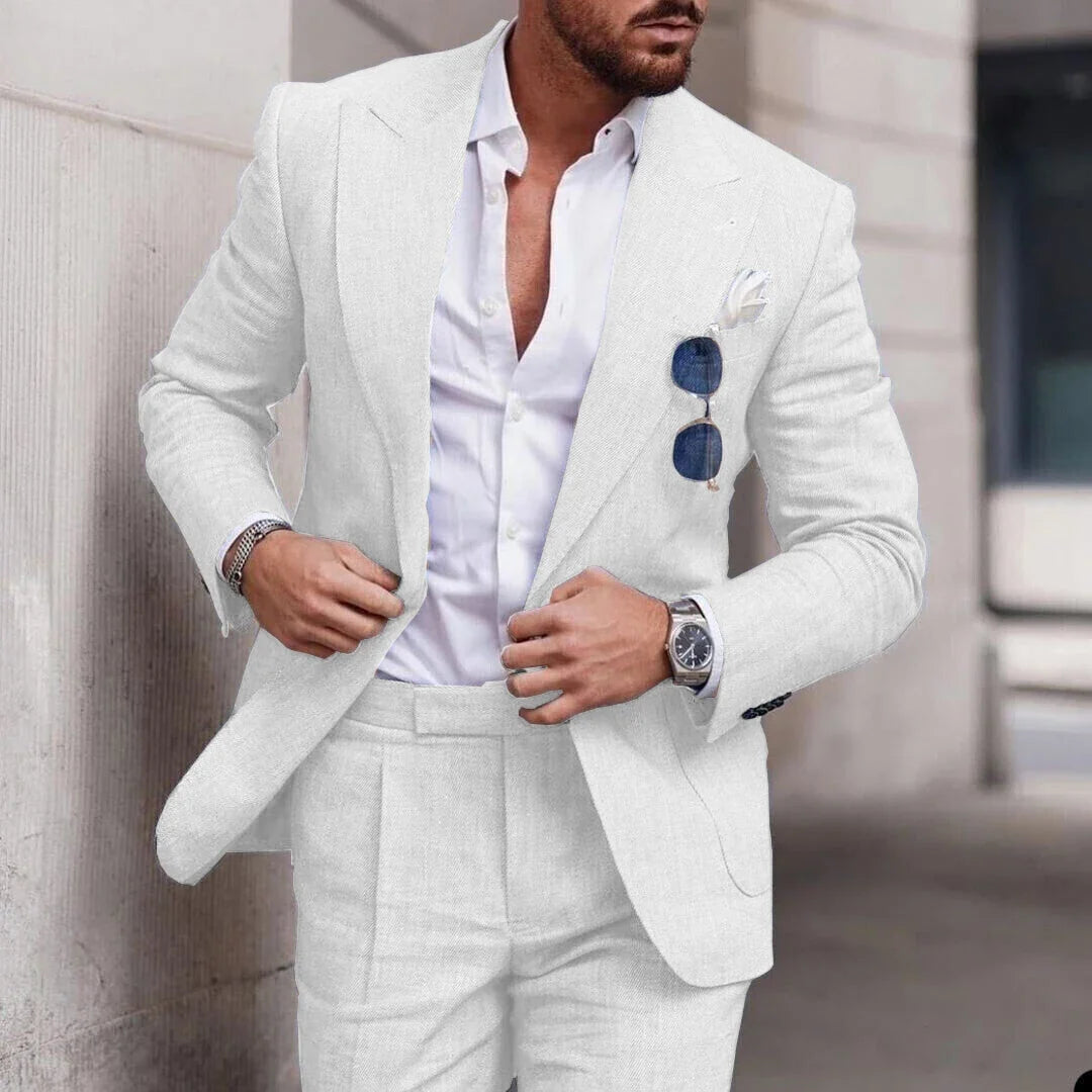 Men's 2-Piece Linen Suit – Slim Fit Notch Lapel Blazer & Trousers for Wedding, Business & Formal Occasions