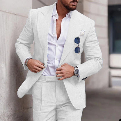 Men's 2-Piece Linen Suit – Slim Fit Notch Lapel Blazer & Trousers for Wedding, Business & Formal Occasions