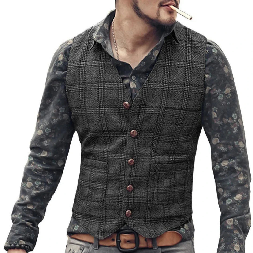Men's Vest Gray Checkered Single Button V-Neck Waistcoat for Wedding & Business
