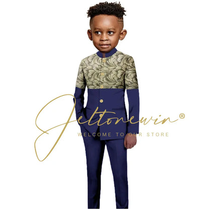 African Style Boys Suit Burgundy Gold Floral Jacket Pants 2 Piece Set Stand Collar Blazer Wedding Tuxedo Kids Formal Party Dress