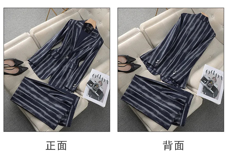 Fashion Autumn Winter Ladies Pant Suit Women Striped Female Business Work Wear Jacket Blazer and Trouser Formal 2 Piece Set