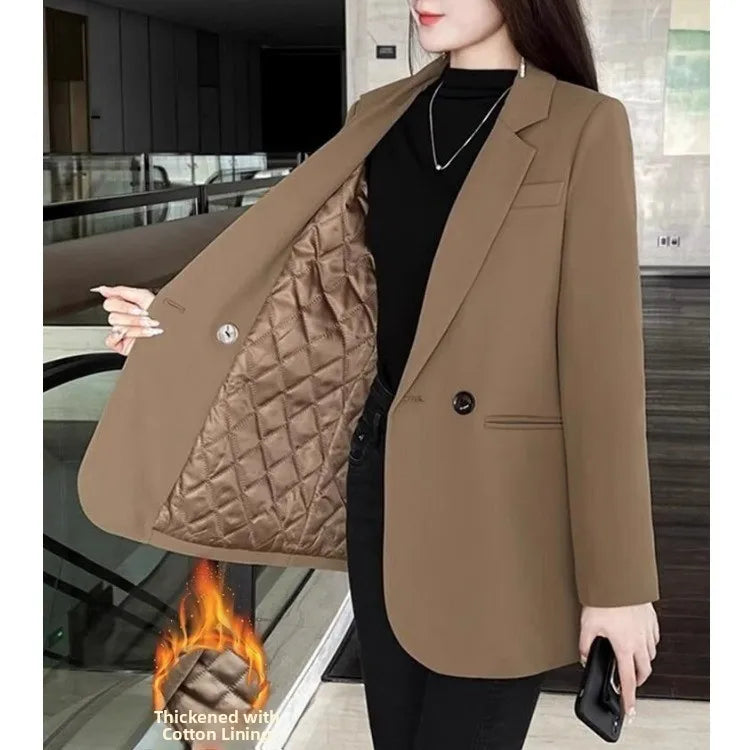 Women's Short Suit Jacket Thickened Cotton Korean Style Long Sleeve Daily Wear Polyester Fiber Short Length Mid-Length