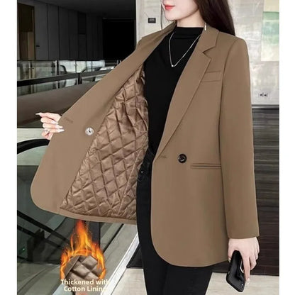 Women's Short Suit Jacket Thickened Cotton Korean Style Long Sleeve Daily Wear Polyester Fiber Short Length Mid-Length