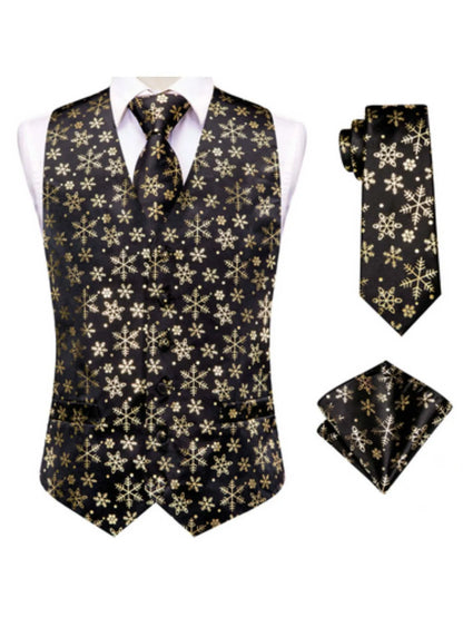 Men's Christmas Print Vest 3-Piece Set with Tie and Pocket Square for Holiday Parties