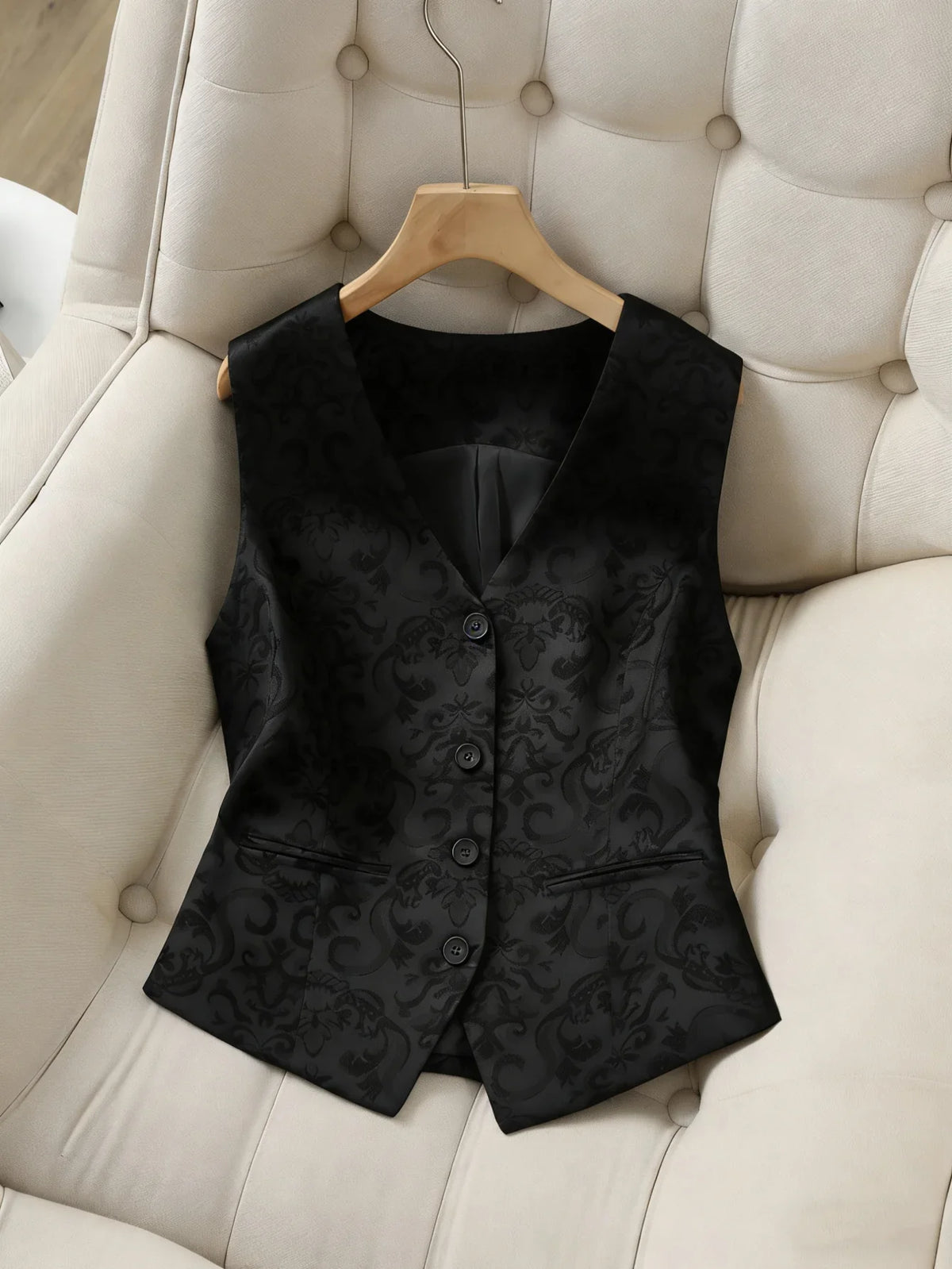 Women's Vintage Jacquard Vest in Green - Elegant Baroque Print Button-Up Waistcoat Luxury Satin Jacquard Vest with Ornate
