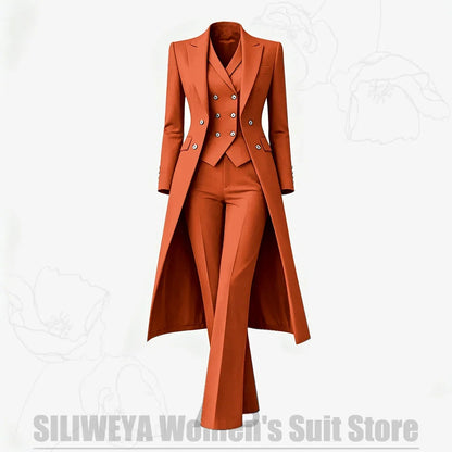 Women's Suit 3 Piece Double Breasted Long Coat Vest Pants Elegant Formal Business Wear Luxury Wedding Party Prom Outfit 2026