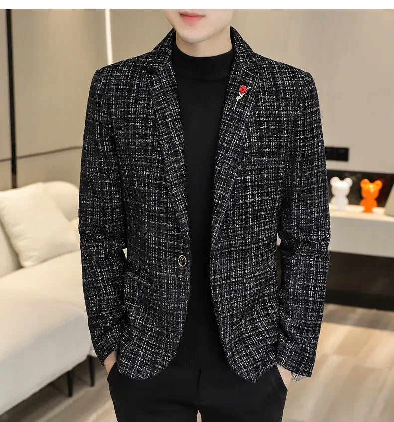 Korean Fashion Woven Suit Jacket for Men Autumn Slim Fit Casual Men Blazers Street Wear Social Business Dress Coats Men Clothing